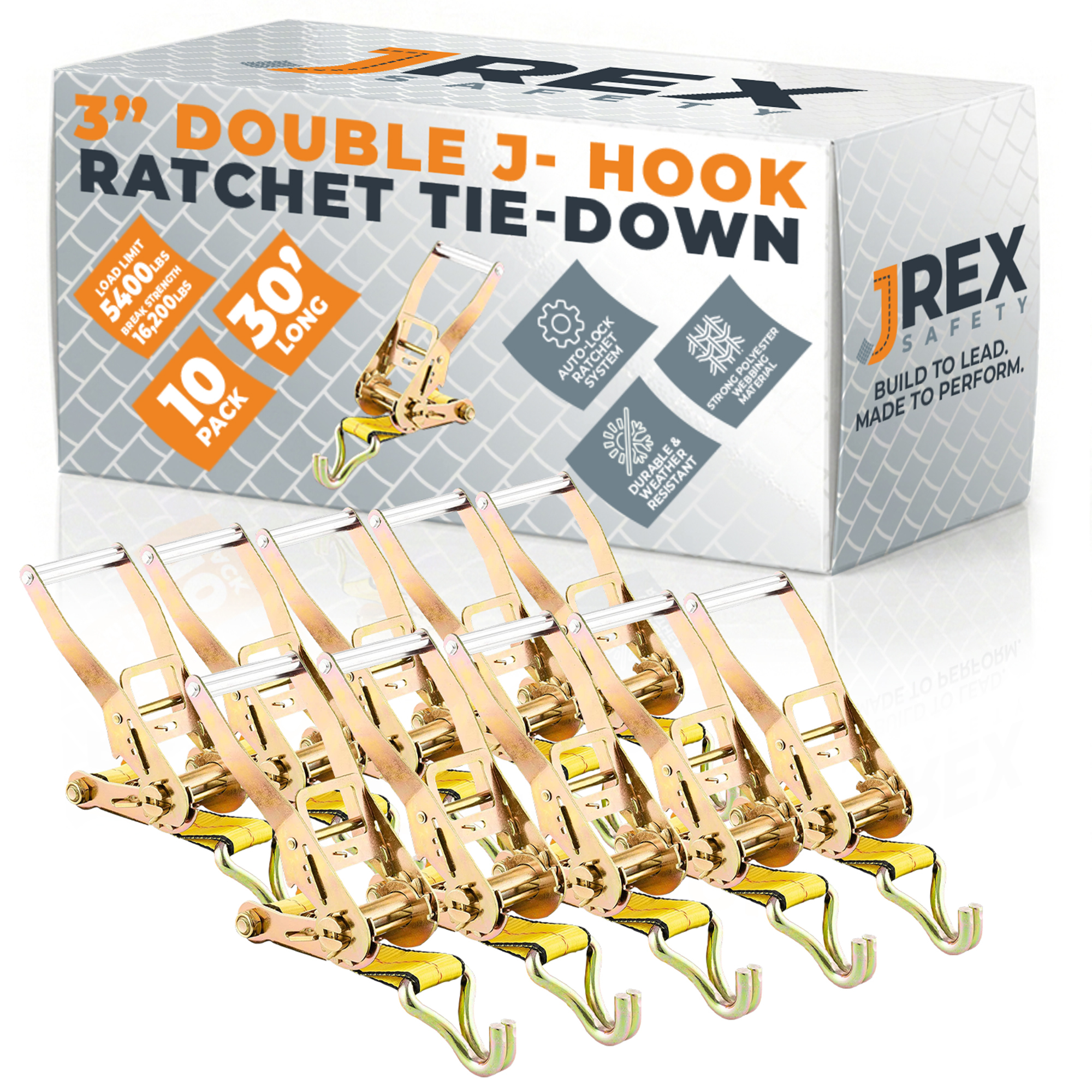 10 Pack HD Ratchet Straps with Double J Hooks - Yellow 3" x 30' Tie Downs